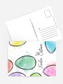 Aquarellkarte „Frohe Ostern“ – Bunte Eier & fröhliche Farbkleckse