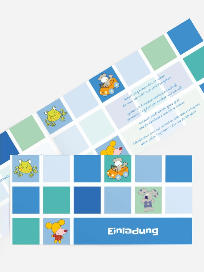Einladungskarte Tierchen Würfel