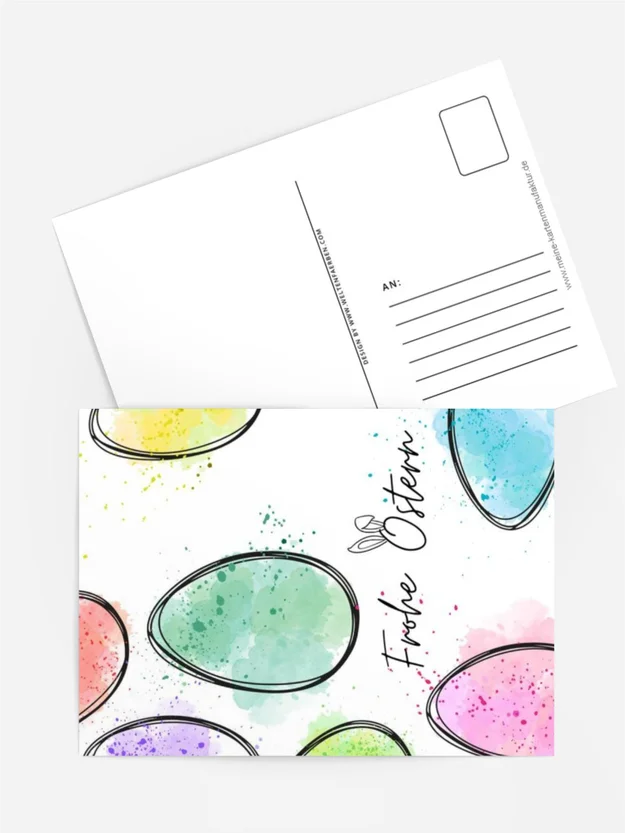 Aquarellkarte „Frohe Ostern“ – Bunte Eier & fröhliche Farbkleckse