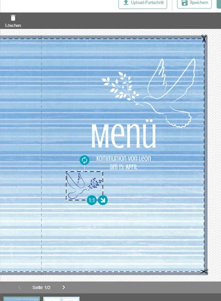 Menükarte Kommunion von Leon am 15. April in Blau und Weiß