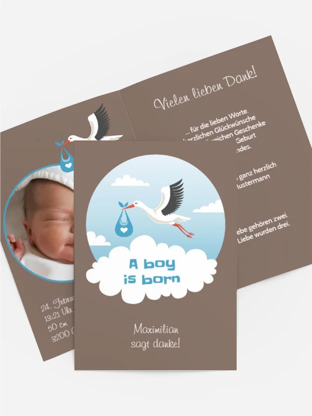 Dankeskarte Geburt - Storch Junge