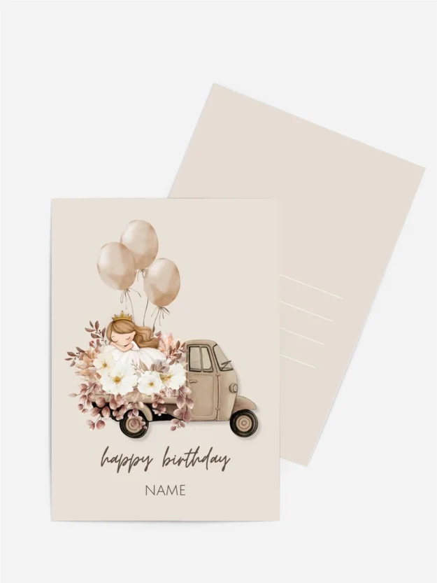 Geburtstagskarte Blumen-Ape und Fee | Name personalisierbar