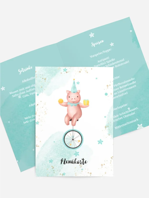Menükarte Geburtstag Zirkus-Ferkel