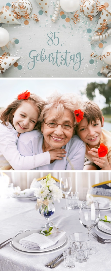 85 jährige Oma mit Enkeln, alle tragen floralen Haarschmuck und weiße elegante Kleidung