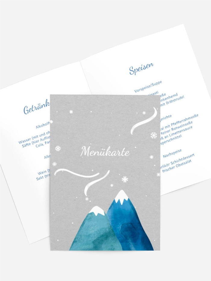 Menükarte Weihnachten Schneebedeckte Berge Menükarte Weihnachten Schneebedeckte Berge