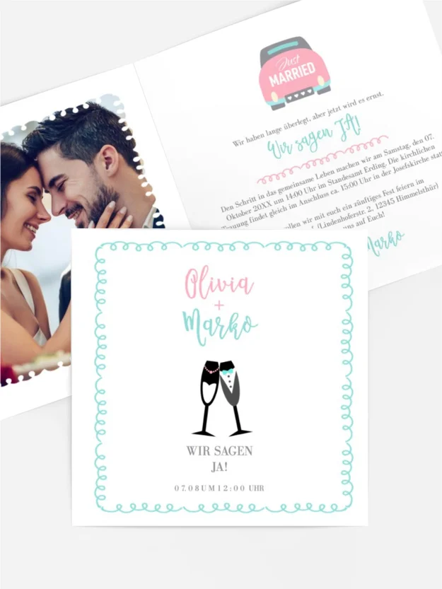 Hochzeitseinladung Champagner im Auto