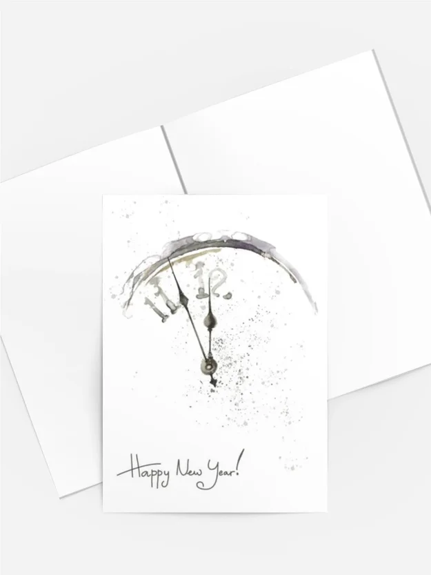 Aquarell-Neujahrskarte Uhr – Happy New Year minimalistisch