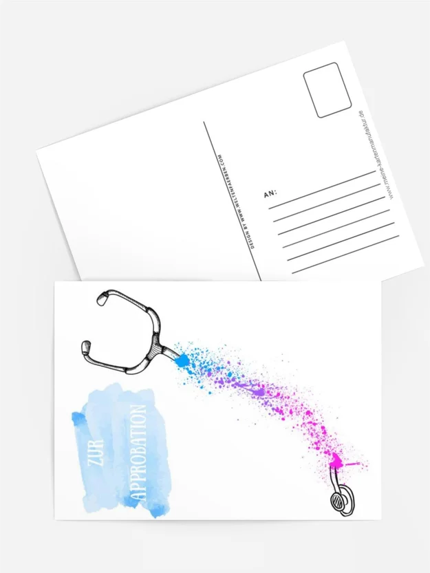 Postkarte „Zur Approbation“ – Farbenfroher Glückwunsch für Mediziner