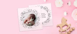 Dankeskarte Taufe mit Blätterkranz, Rosa mit Babyfoto