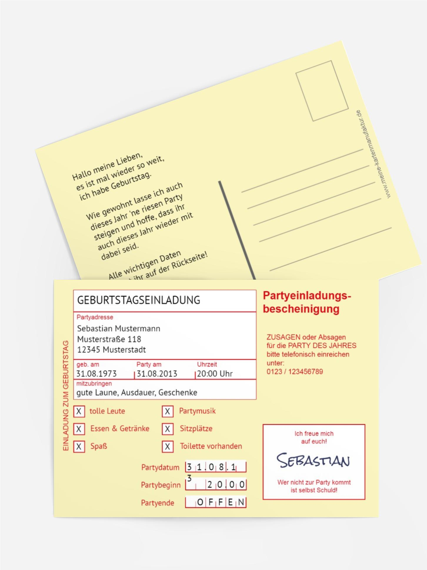 Geburtstag Partyeinladungsbescheinigung