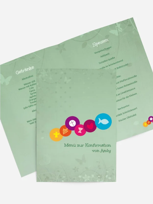 Menükarte zur Konfirmation bunte Elemente Menükarte zur Konfirmation bunte Elemente