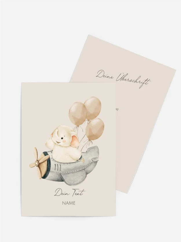 Personalisierbare Geburtstagskarte Elefant im Flugzeug