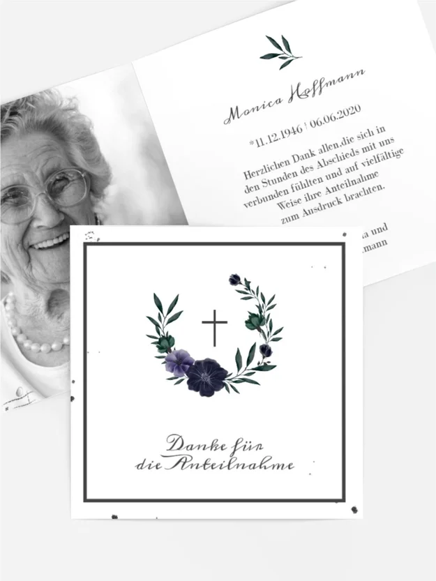 Trauerdanksagung Blumenkranz mit Christuskreuz Trauerdanksagung Blumenkranz mit Christuskreuz