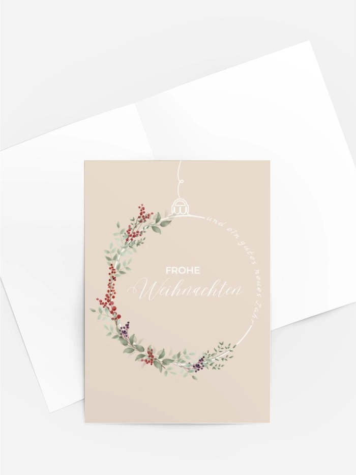 Aquarell Weihnachtskarte „Christbaumkugel mit Blätterkranz Aquarell Weihnachtskarte „Christbaumkugel mit Blätterkranz