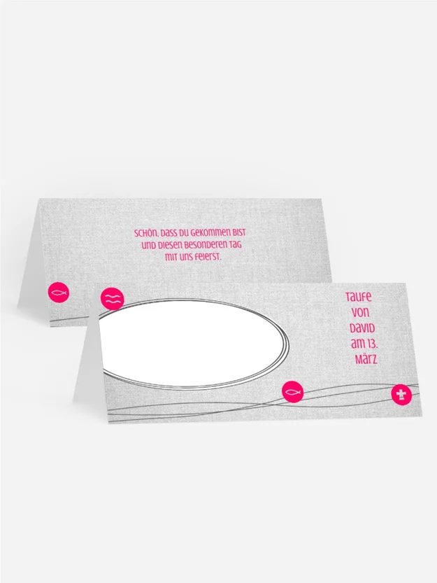 Tischkarte Taufe Taufsymbole an Schnüren