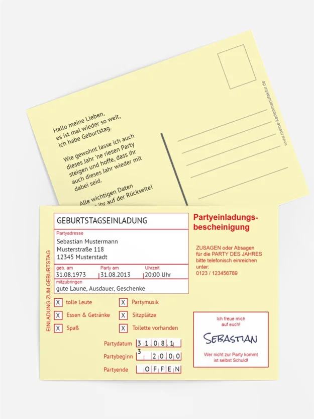 Geburtstag Partyeinladungsbescheinigung