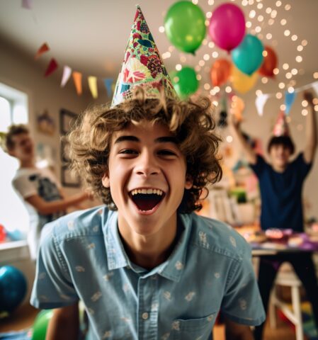 Geburtstagsparty Teenager, lustige und coole Partyspiele für Teenager, Ideen und Mottos für Jugendliche zum 13. Geburtstag oder 14. Geburtstag, Kindergeburtstag für Teenies feiern, Junge mit Partyhut lacht in Kamera, im Hintergrund die Partygäste