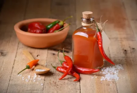 tabasco sauce in the bottle with chili around