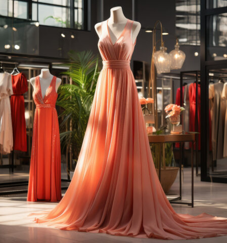 Hochzeitsoutift, elegante Kleider in Lachsfarben hängen an Bügeln und an einer Puppe