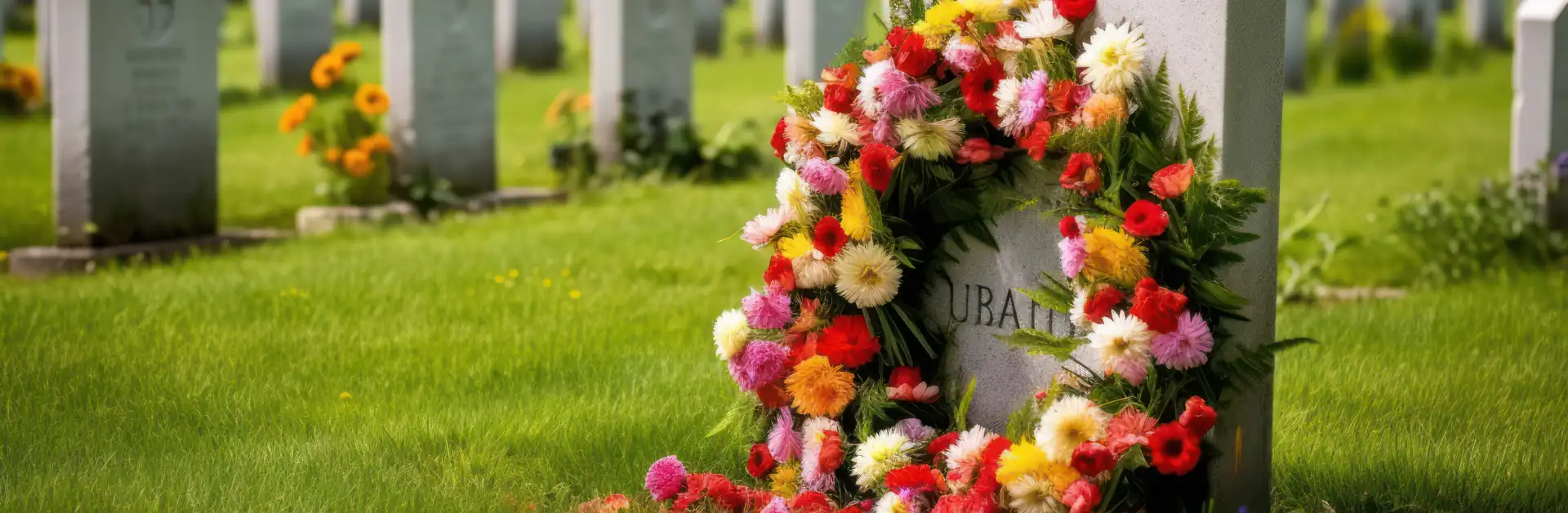 Trauerkranz mit roten, weissen, gelben Blumen am Grab, Blumenkranz zur Beerdigung, Trauerfloristik